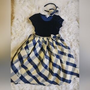 Girl's Tahari Blue Velvet & Gold Plaid Skirt Dress with matching hairband, 7 yo